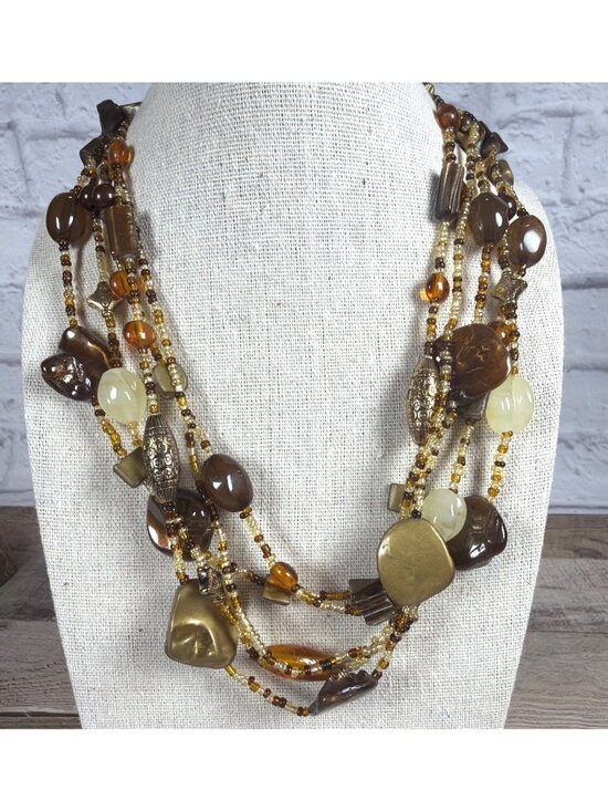 Unbranded Jewelry - Multi Strand Beaded Statement Necklace Earth Tone Chunky Boho Layered Collar